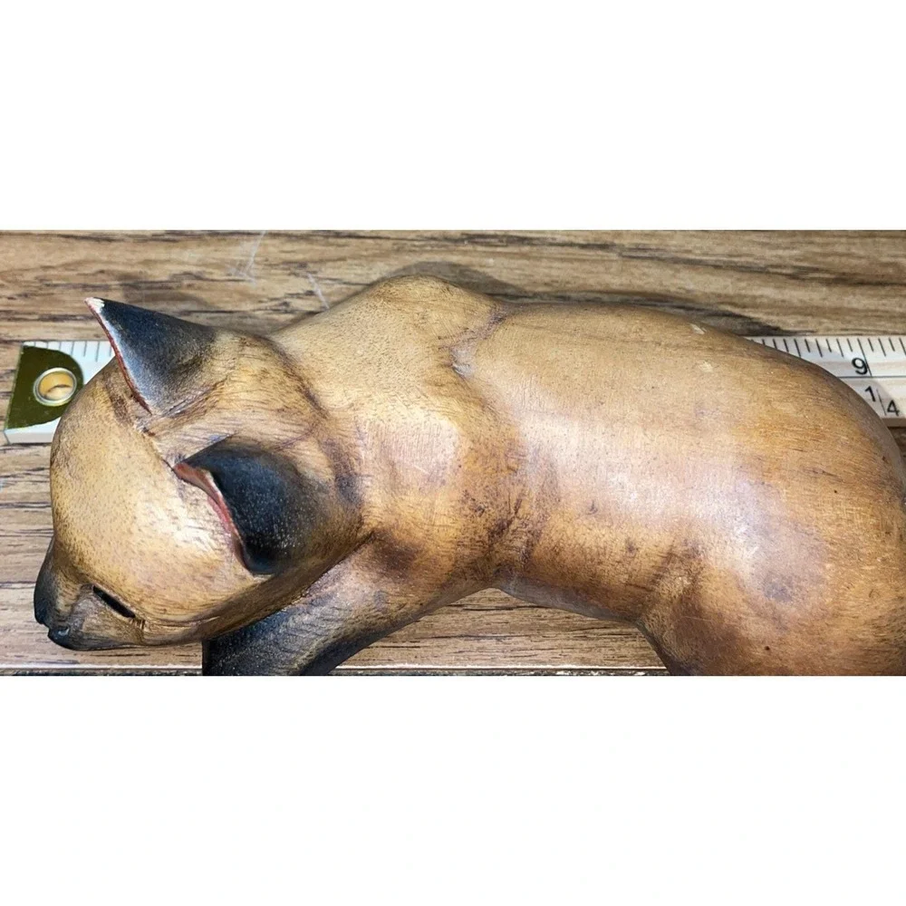 VTG Hand Carved Wood Cat Shelf Sitter Whimsical Siamese Figurine 1980s Folk Art